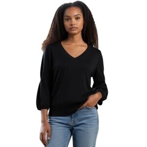 DKNYC Black S Sweater Ruched 3/4 Sleeve V Neck R $89